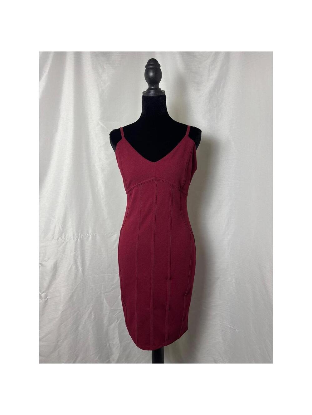 Iris Burgundy Bodycon Midi Dress V-Neck Seamed Corset Style Wine Red Large